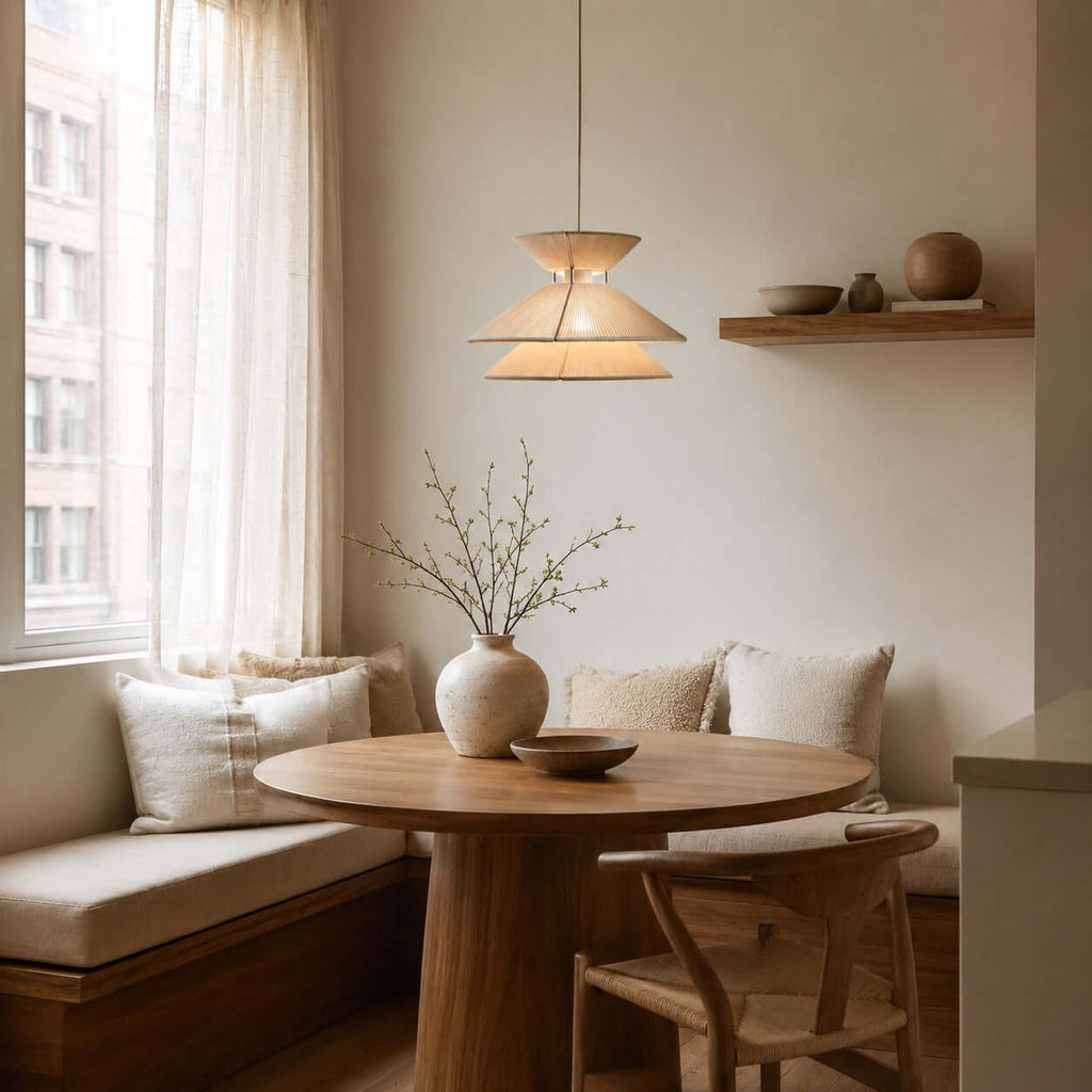Over a round oak table in a window nook with a cushioned bench, this Clérachic pendant light hangs on a single cord.