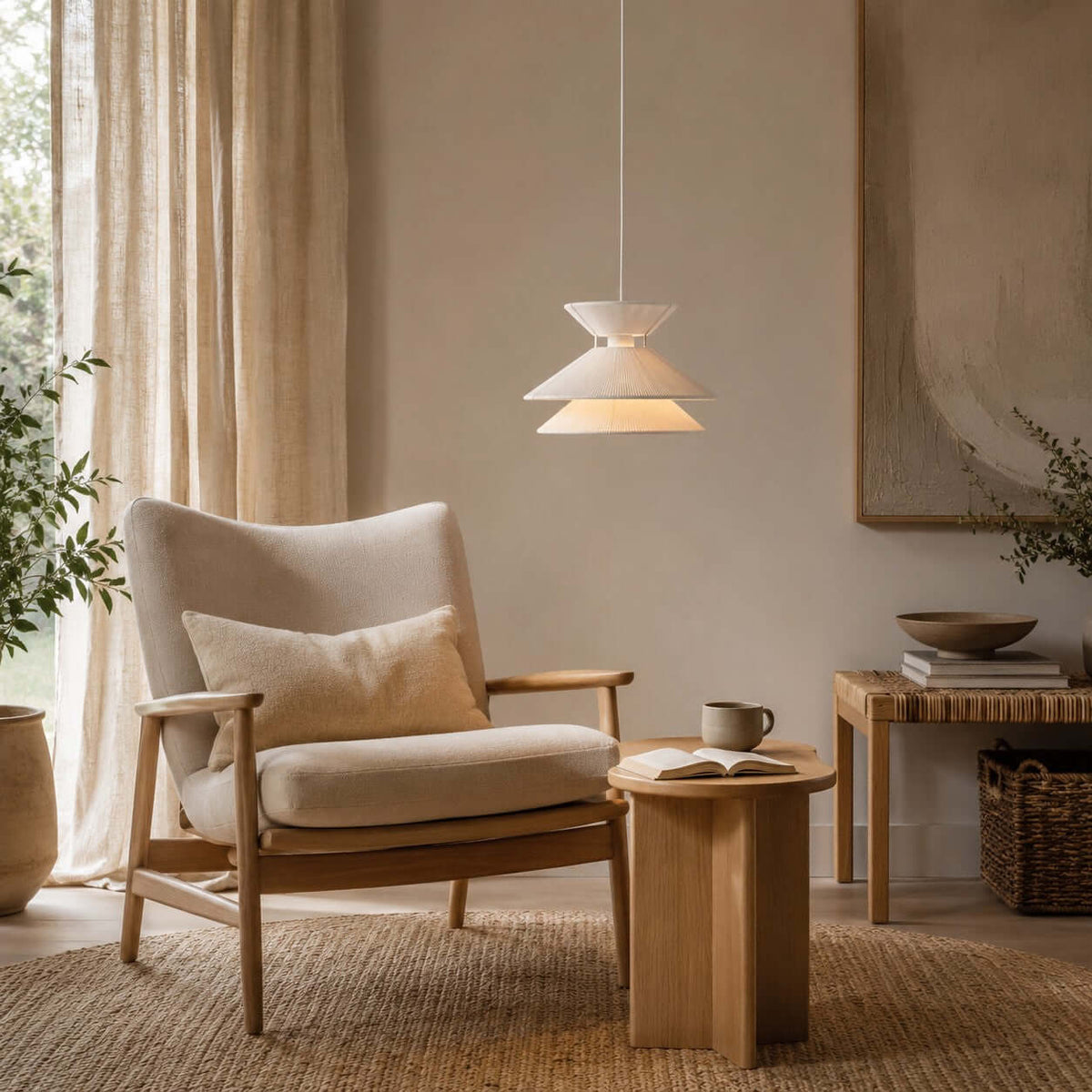 Above a cream armchair and a small round side table, this Clérachic pendant light casts a soft glow on a plain wall.