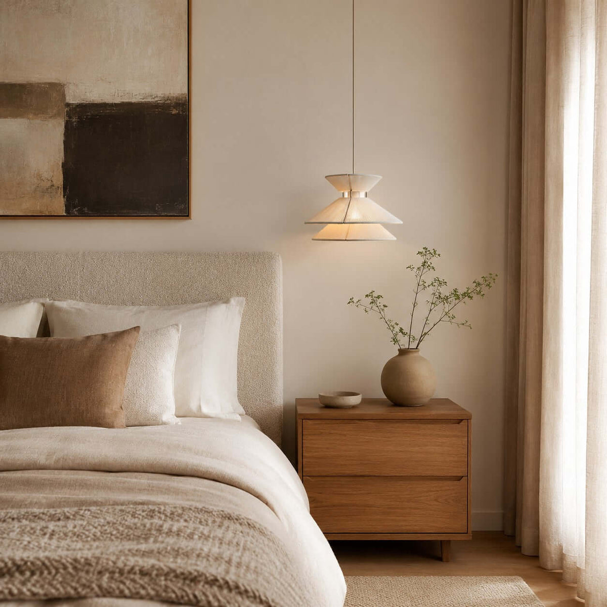 A Clérachic pendant light hangs beside a bed with bouclé bedding and an oak nightstand, near a sheer curtain.