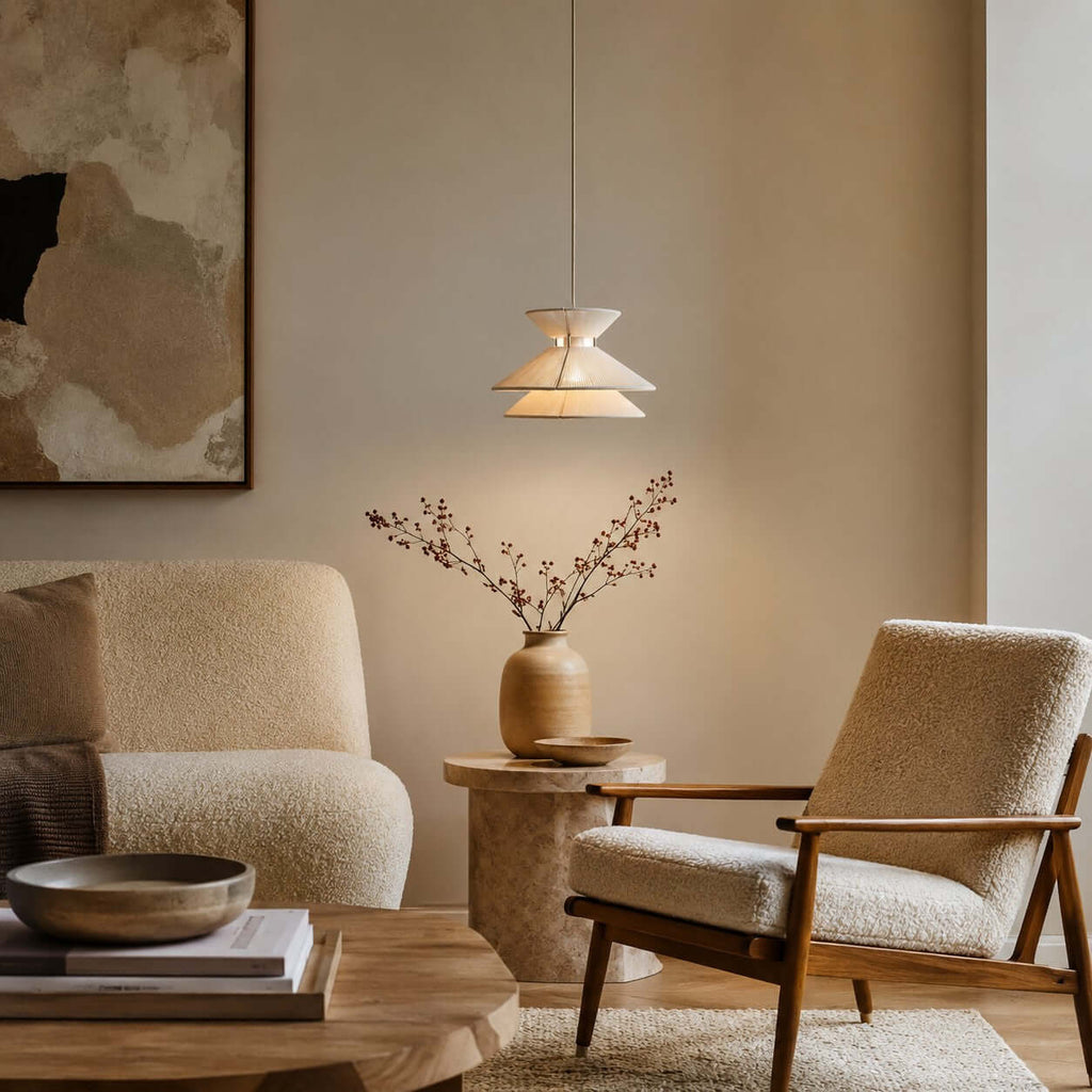 This Clérachic pendant light hangs over a corner with a bouclé chair, a stone side table and an abstract painting.