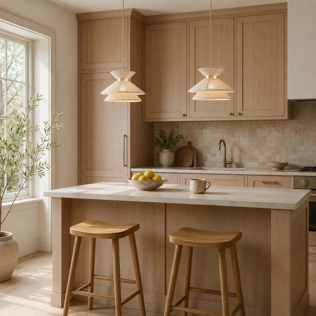 A pair of Clérachic pendant lights over a light oak kitchen island with two wooden stools and a bowl of lemons.