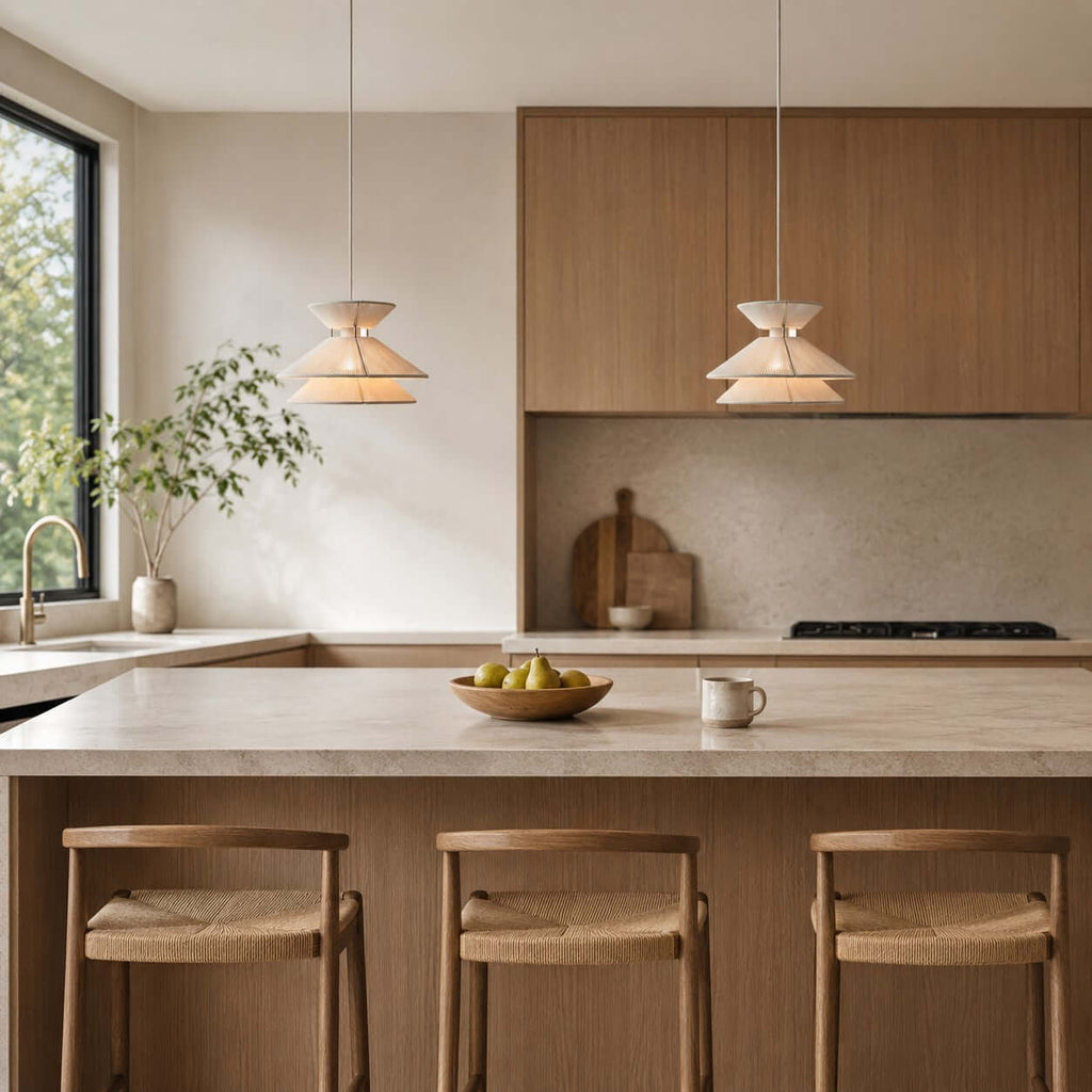 Two tiered Clérachic pendant lights in a kitchen with oak cabinets, above an island with three woven-seat stools.