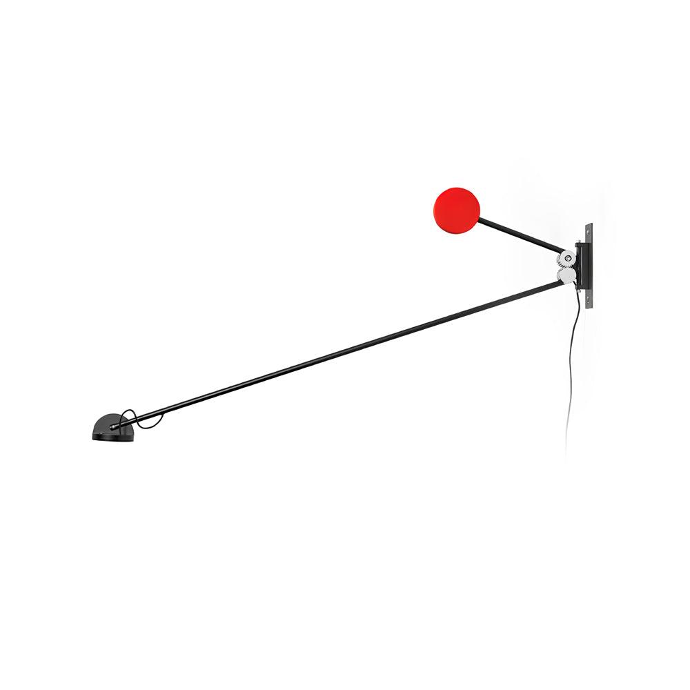 Clérachic wall light cut out on a plain white backdrop, a red counterweight disc over the backplate and a black arm ending in a domed head.