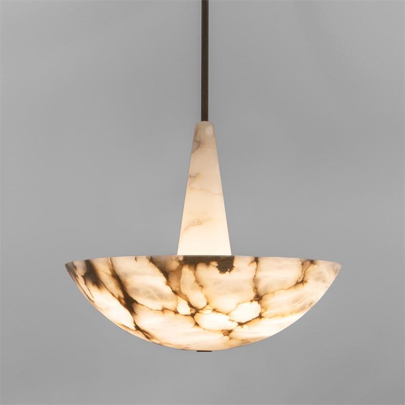The Clérachic Cove pendant head-on: tapered alabaster stem meeting the upward-facing bowl, veining lit from inside the stone