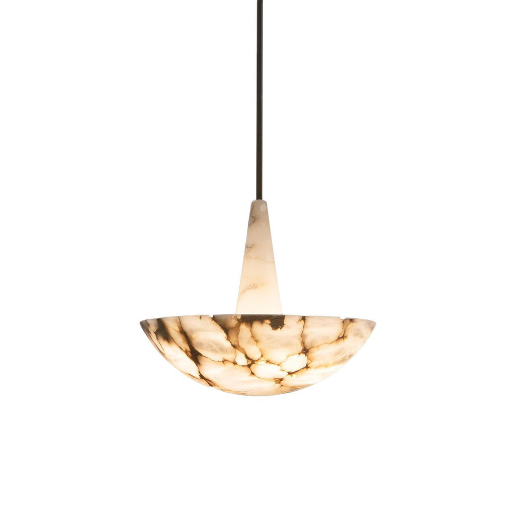 Clérachic Cove alabaster bowl pendant shown full length on white, the lit bowl carrying heavy brown-black veining