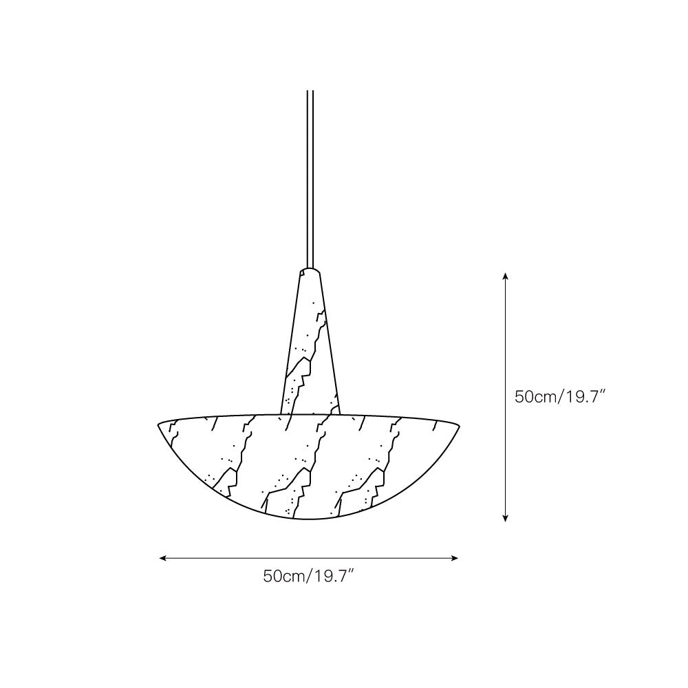 Dimension drawing of the Clérachic Cove alabaster pendant, 50 cm (19.7″) wide and 50 cm (19.7″) high, shown on its hanging rod