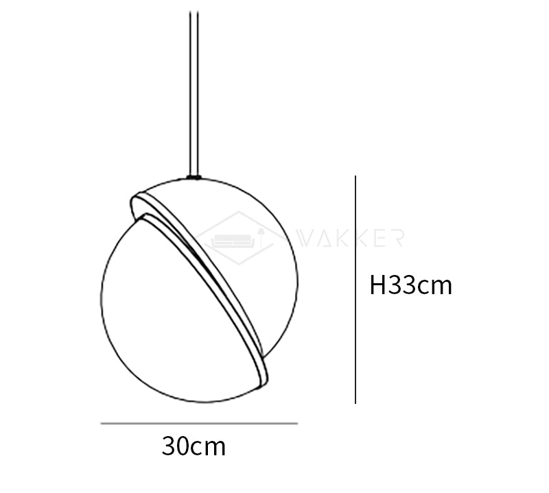 Dimension drawing of the crescent pendant lamp, in outline against white.