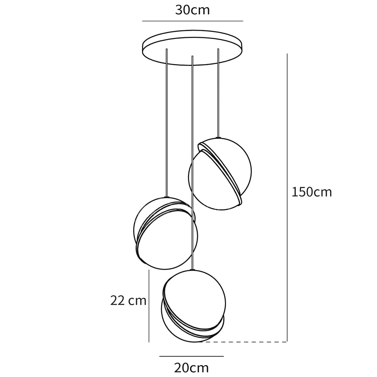 Dimension drawing of the crescent pendant lamp, in outline against white.