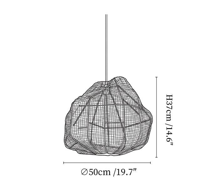 Clérachic pendant light dimension drawing, 1 of 3, every measurement marked in centimetres and inches.