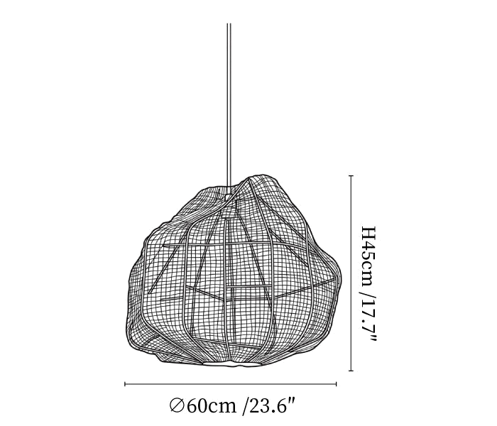 Clérachic pendant light dimension drawing, 2 of 3, every measurement marked in centimetres and inches.