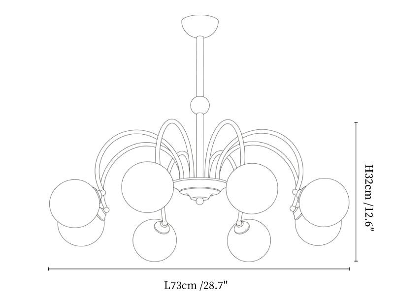 Clérachic chandelier dimension drawing, every measurement marked in centimetres and inches.