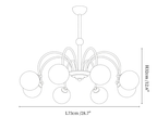 Clérachic chandelier dimension drawing, every measurement marked in centimetres and inches.