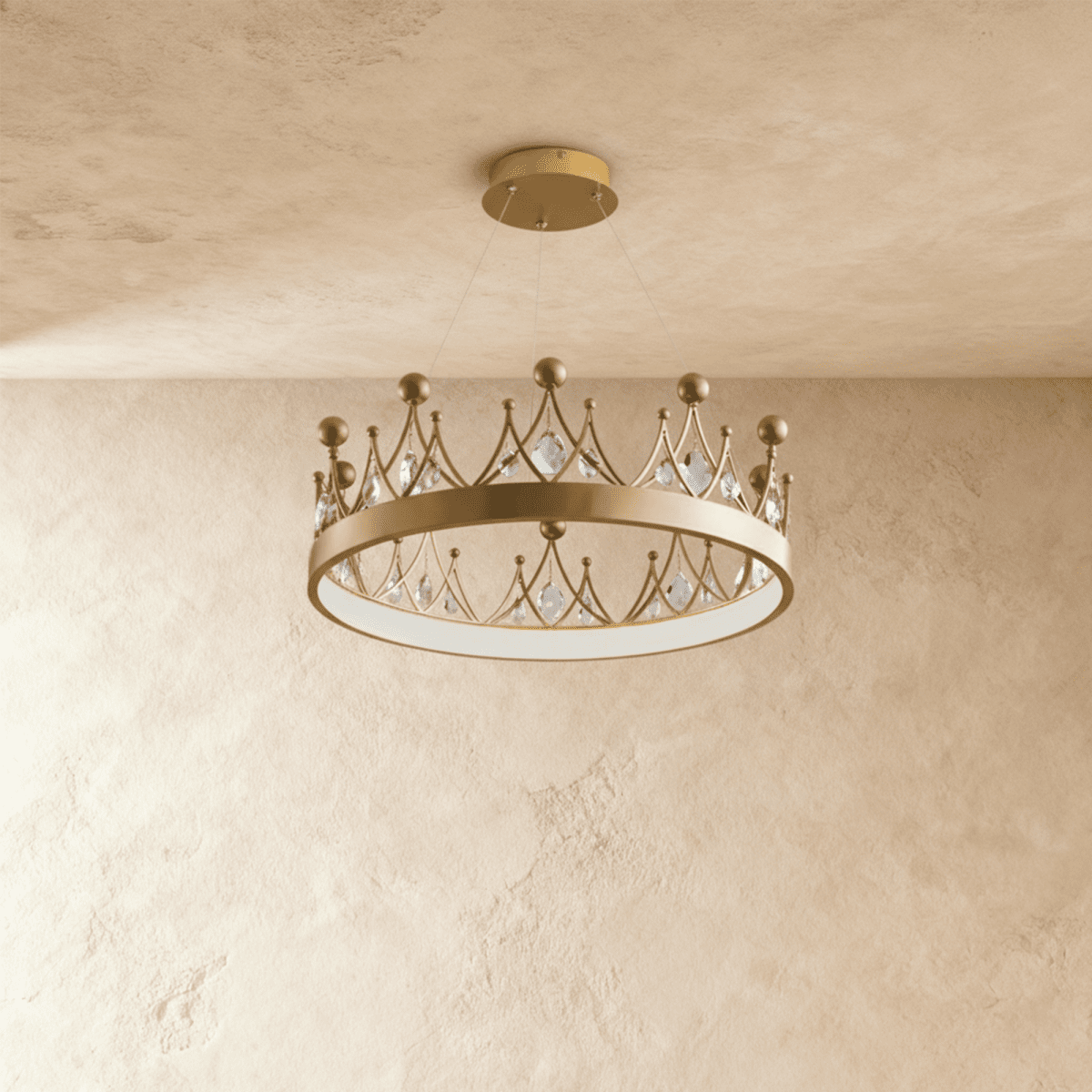Clérachic gold crown chandelier with a flat ring, small crystal drops and ball tips, hung on fine wires from a round canopy.