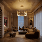 Clérachic gold crown chandelier glowing in a dusk-lit living room with a curved mustard sofa and checkerboard arches.