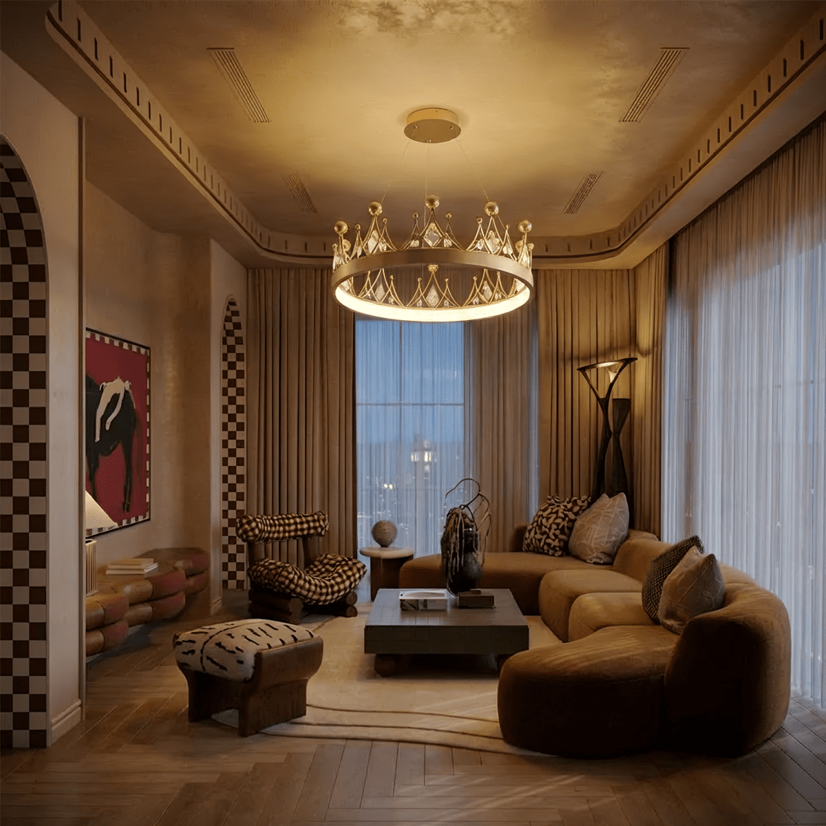 Clérachic gold crown chandelier glowing in a dusk-lit living room with a curved mustard sofa and checkerboard arches.