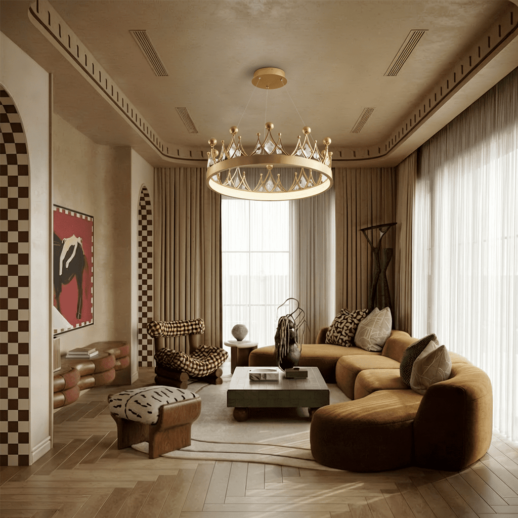 Clérachic gold crown chandelier above a low stone coffee table in a daylit living room with sheer curtains and herringbone floor.