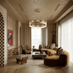 Clérachic gold crown chandelier above a low stone coffee table in a daylit living room with sheer curtains and herringbone floor.