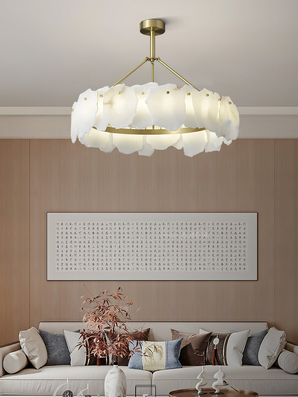 The Clérachic Cryon above a long sofa on a warm oak-panelled wall, brass canopy sitting flush to the ceiling.