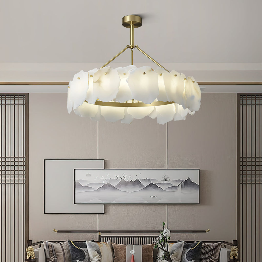 Clérachic Cryon glowing between timber lattice screens, above a low sofa and a framed landscape print.