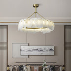 Clérachic Cryon glowing between timber lattice screens, above a low sofa and a framed landscape print.