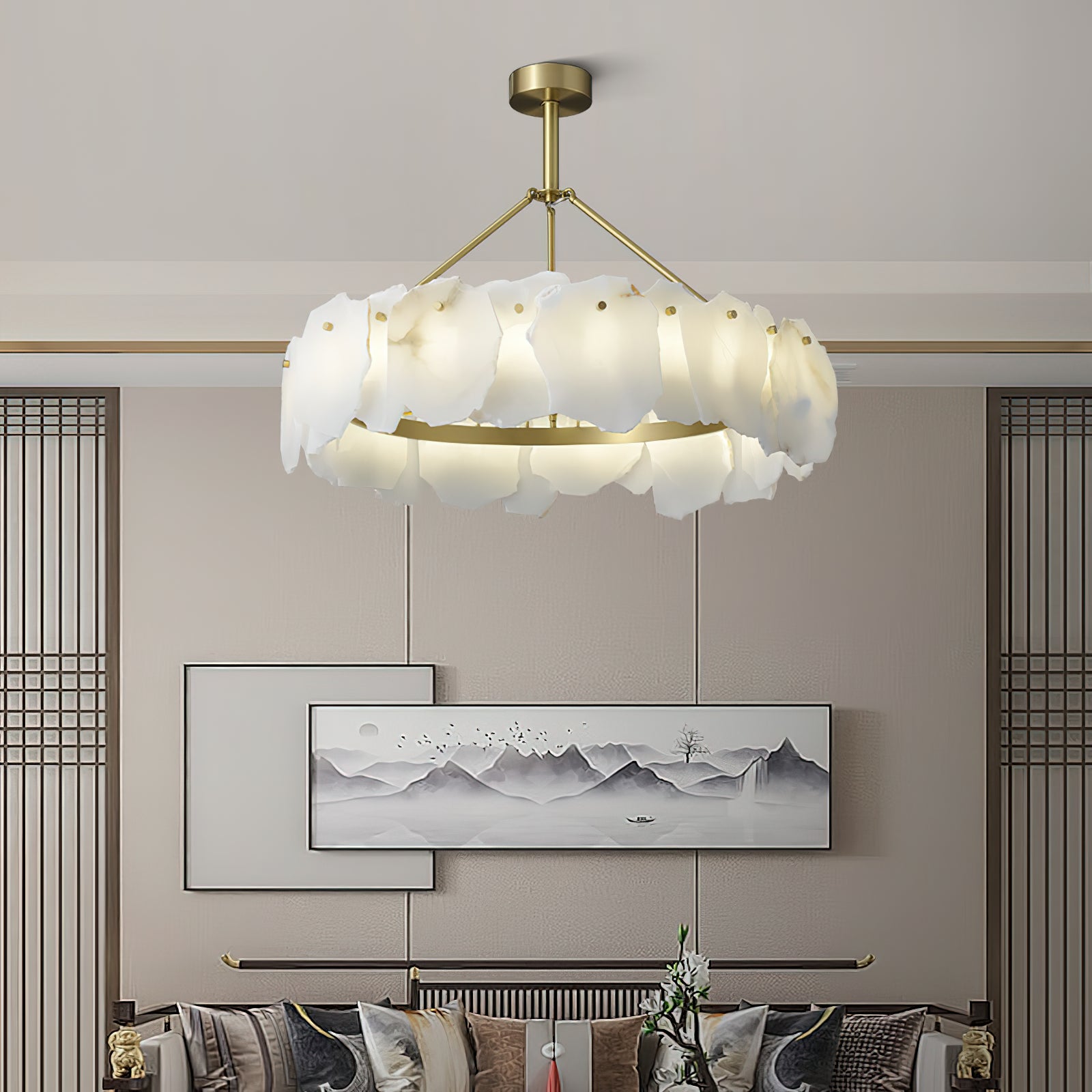 Clérachic Cryon glowing between timber lattice screens, above a low sofa and a framed landscape print.