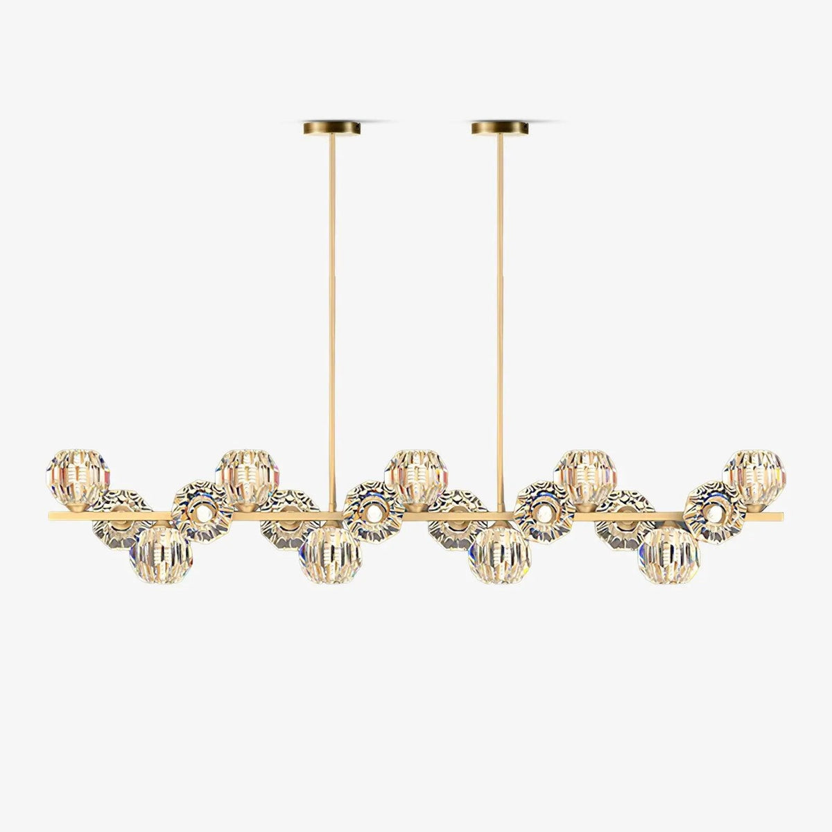 Linear brass bar with clear faceted crystal balls on two slim rods, shown on a white backdrop as this Clérachic chandelier.