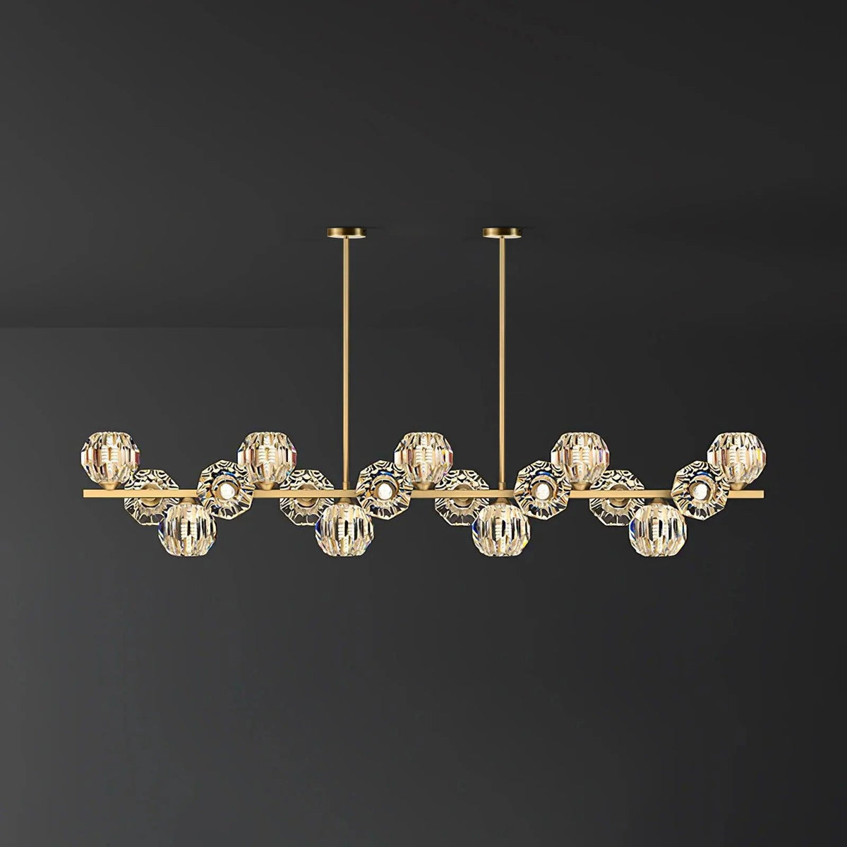 Longest bar of this Clérachic chandelier, its many crystal balls spread wide across a dark grey backdrop.