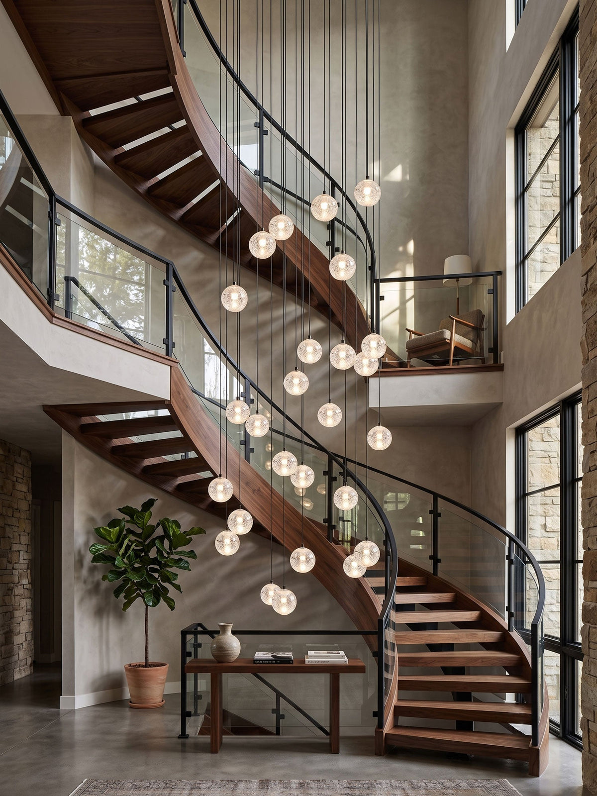 A long fall of glowing Clérachic crystal balls through a double-height stairwell, beside a wooden spiral stair and black metal rail.