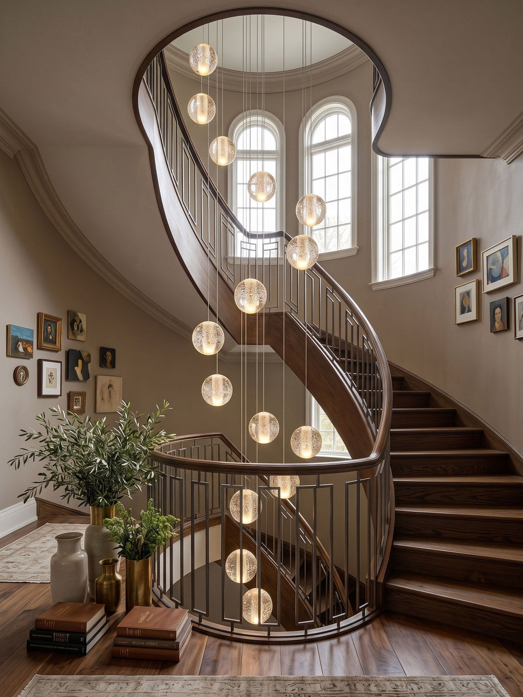 Clérachic crystal ball pendants lit warm and hung at varied heights through a curved staircase, with framed pictures on the wall.