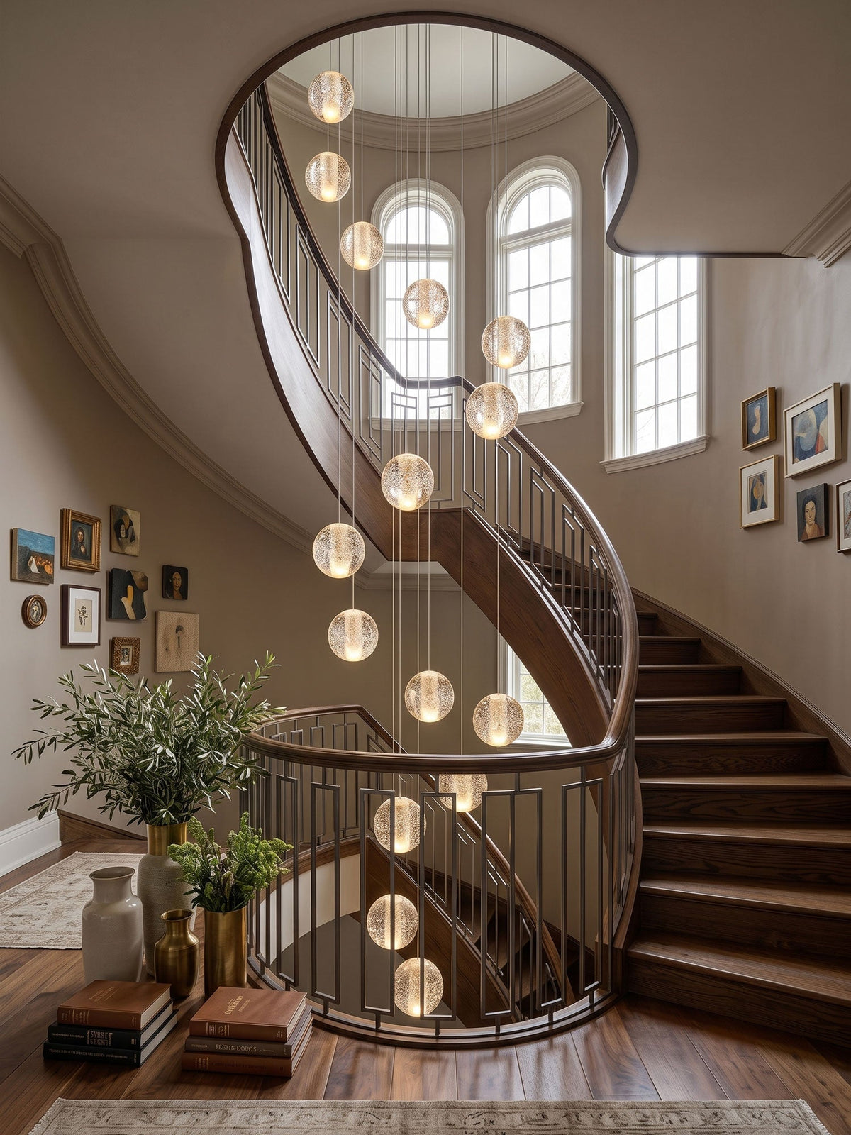 Clérachic crystal ball pendants lit warm and hung at varied heights through a curved staircase, with framed pictures on the wall.