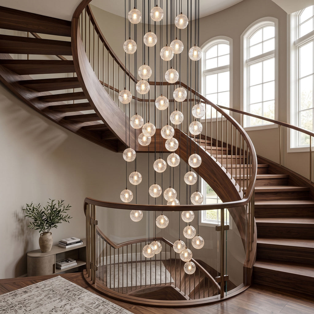 A dense cluster of Clérachic crystal balls glowing down the curve of a wooden staircase with a black rail and arched windows.