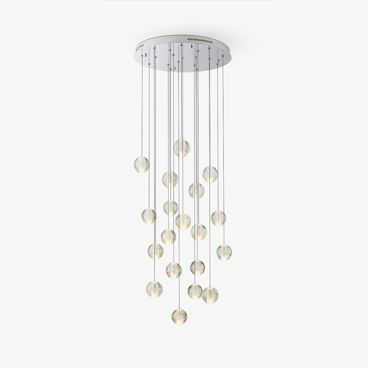 Clérachic crystal ball cluster hung from a round chrome ceiling plate, with the clear spheres at staggered heights, on white.