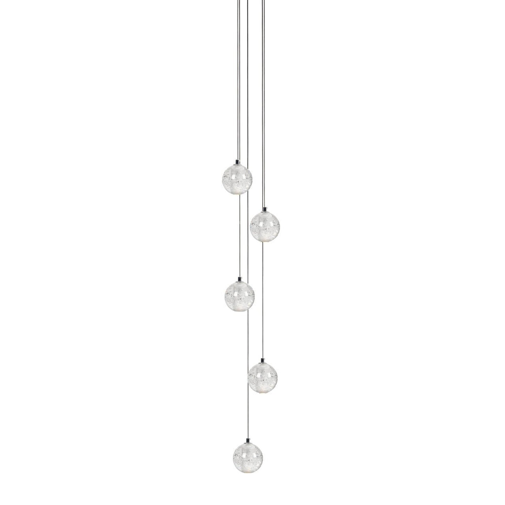 Five Clérachic crystal ball pendants dropping at staggered heights on thin cables, shown on a plain white backdrop.