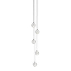 Five Clérachic crystal ball pendants dropping at staggered heights on thin cables, shown on a plain white backdrop.
