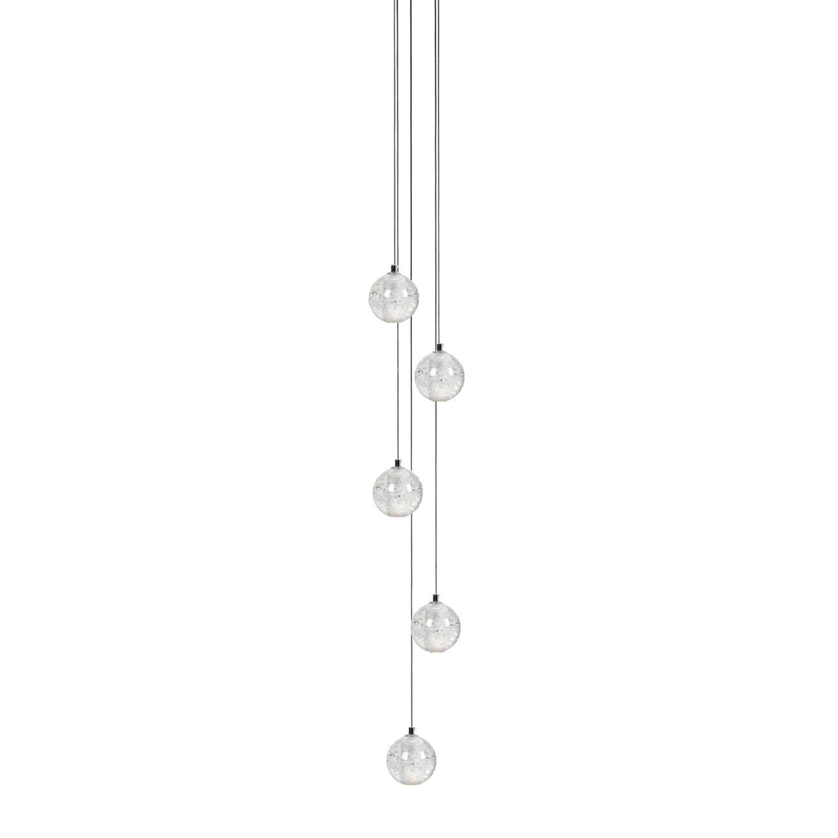 Five Clérachic crystal ball pendants dropping at staggered heights on thin cables, shown on a plain white backdrop.