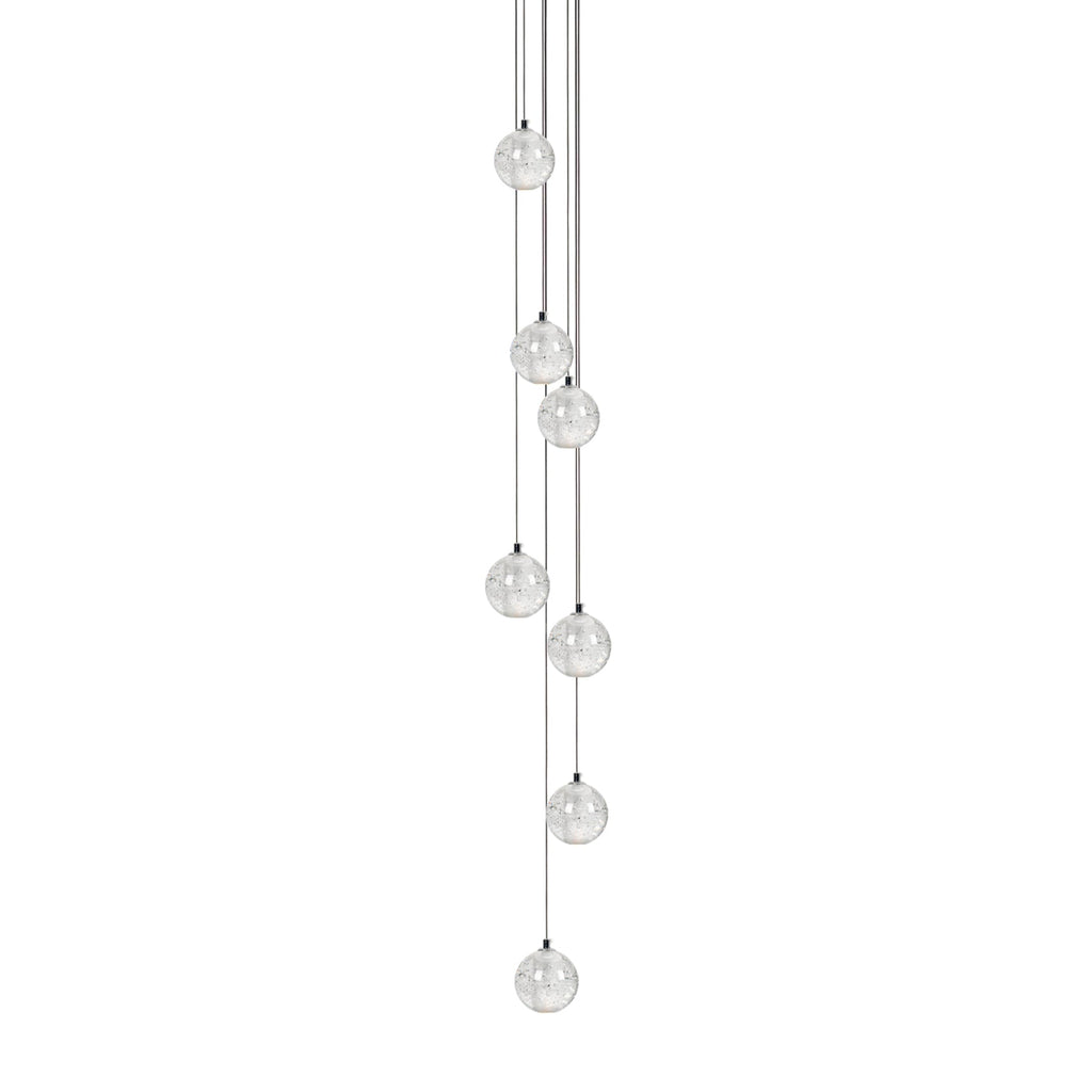 A narrow column of Clérachic crystal ball pendants hung at staggered heights from tightly gathered cables, on white.