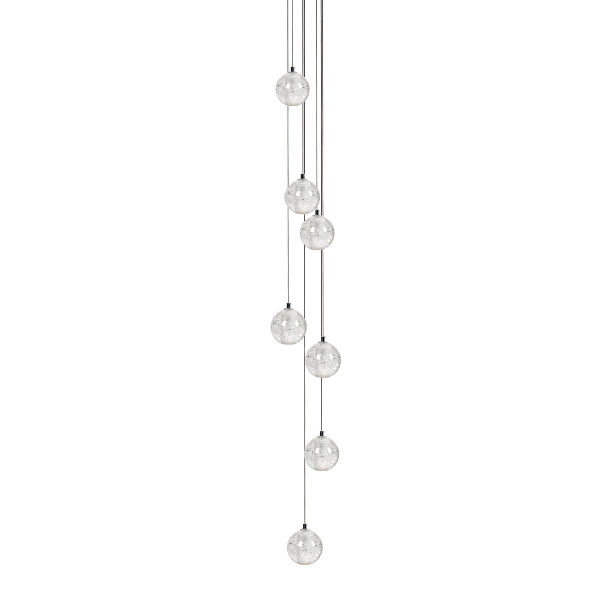A narrow column of Clérachic crystal ball pendants hung at staggered heights from tightly gathered cables, on white.