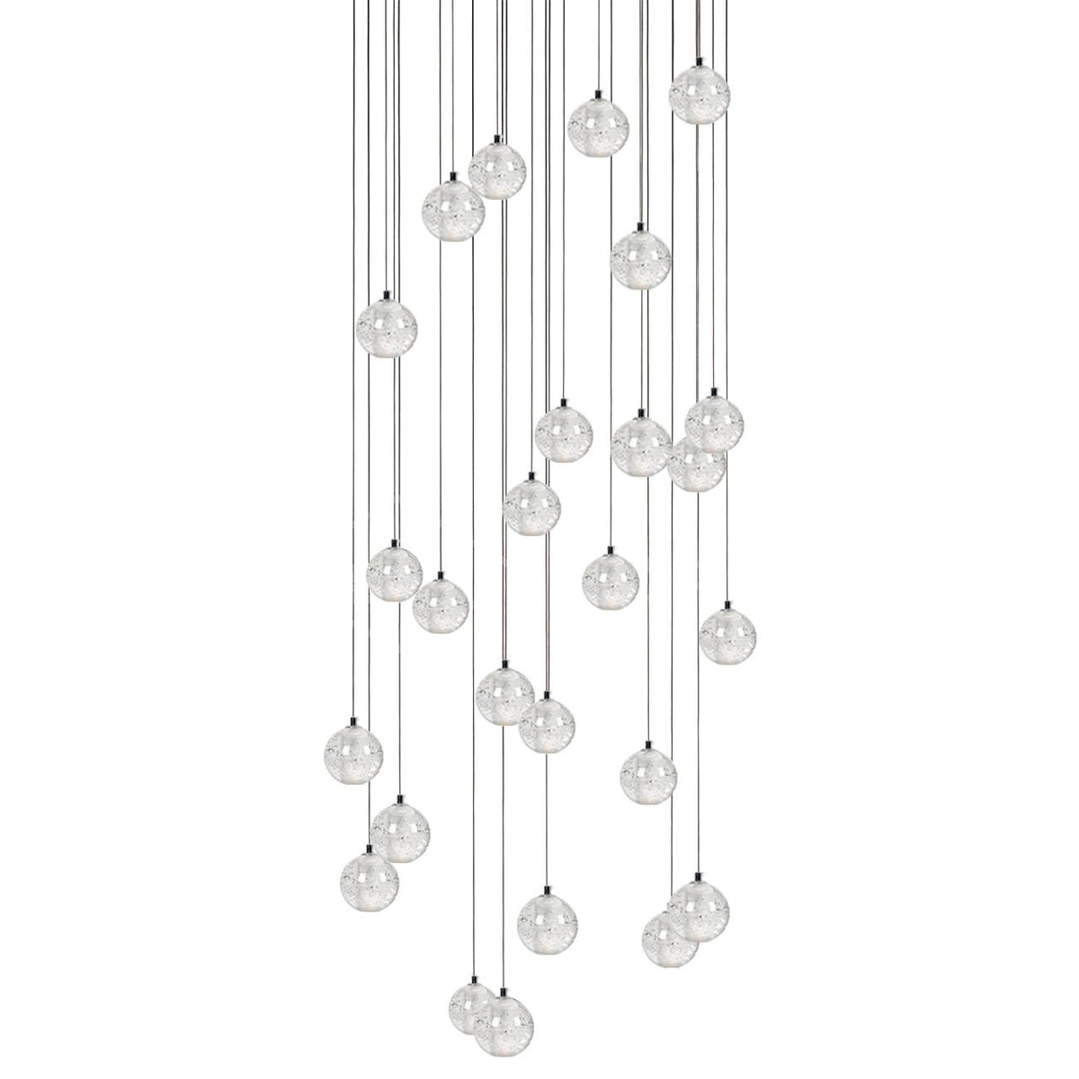 A tall, dense drop of Clérachic crystal ball pendants, with many clear spheres on cables of varied lengths, on white.