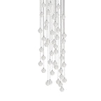 A full-height cluster of Clérachic crystal ball pendants, the clear spheres packed along thin cables, on white.