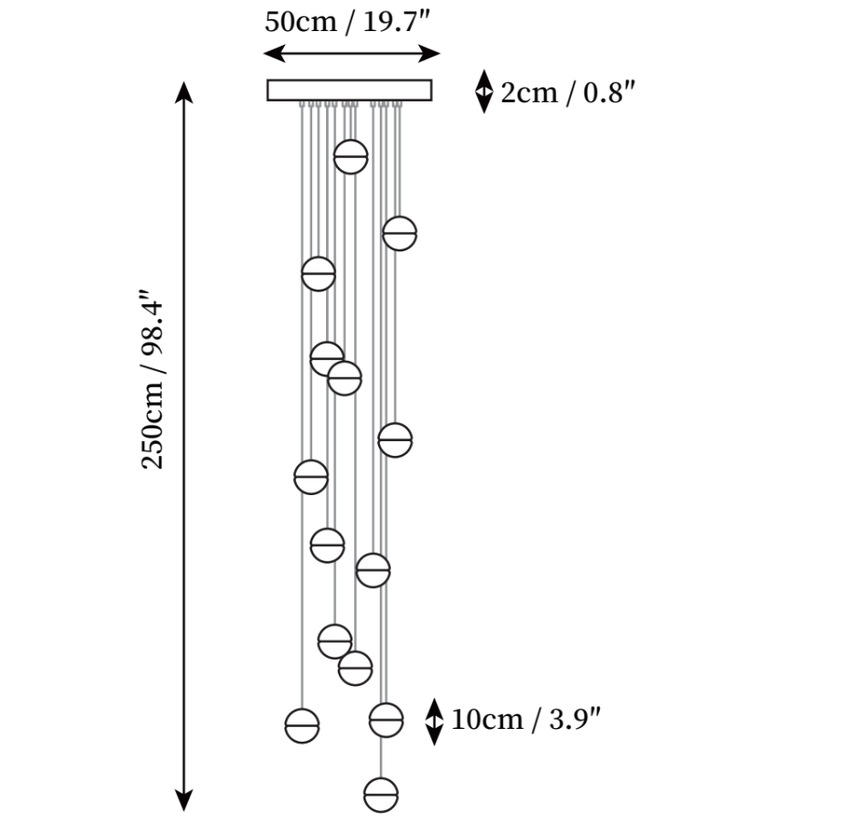 Clérachic pendant light dimension drawing, 1 of 10, every measurement marked in centimetres and inches.