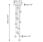 Clérachic pendant light dimension drawing, 1 of 10, every measurement marked in centimetres and inches.