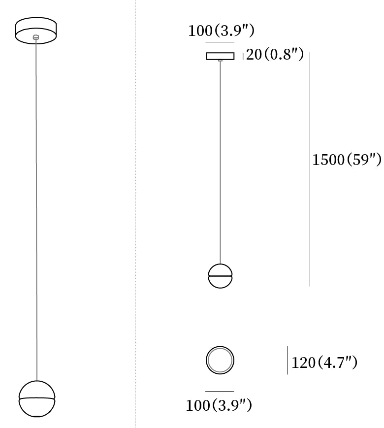 Clérachic pendant light dimension drawing, 2 of 10, every measurement marked in millimetres and inches.