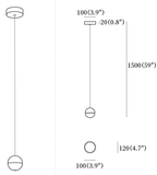 Clérachic pendant light dimension drawing, 2 of 10, every measurement marked in millimetres and inches.
