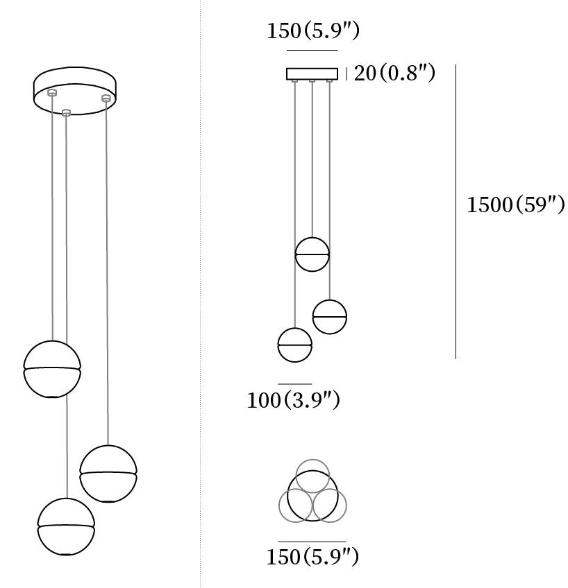 Clérachic pendant light dimension drawing, 3 of 10, every measurement marked in millimetres and inches.
