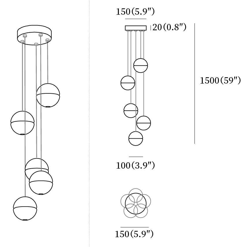 Clérachic pendant light dimension drawing, 4 of 10, every measurement marked in millimetres and inches.