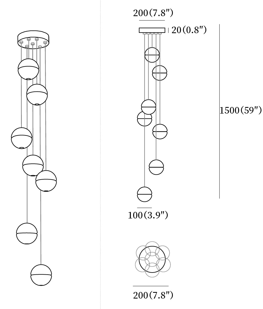 Clérachic pendant light dimension drawing, 5 of 10, every measurement marked in millimetres and inches.