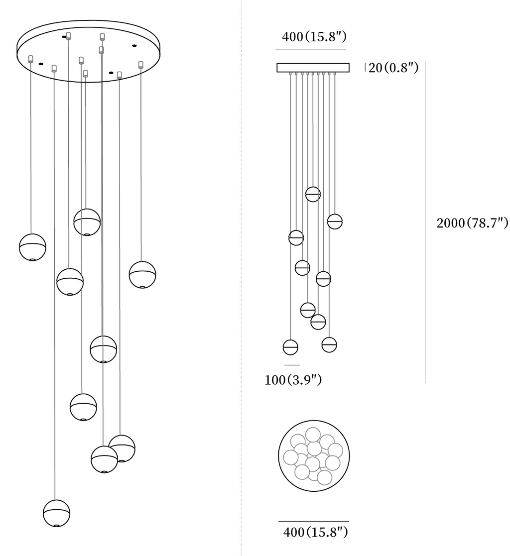 Clérachic pendant light dimension drawing, 6 of 10, every measurement marked in millimetres and inches.