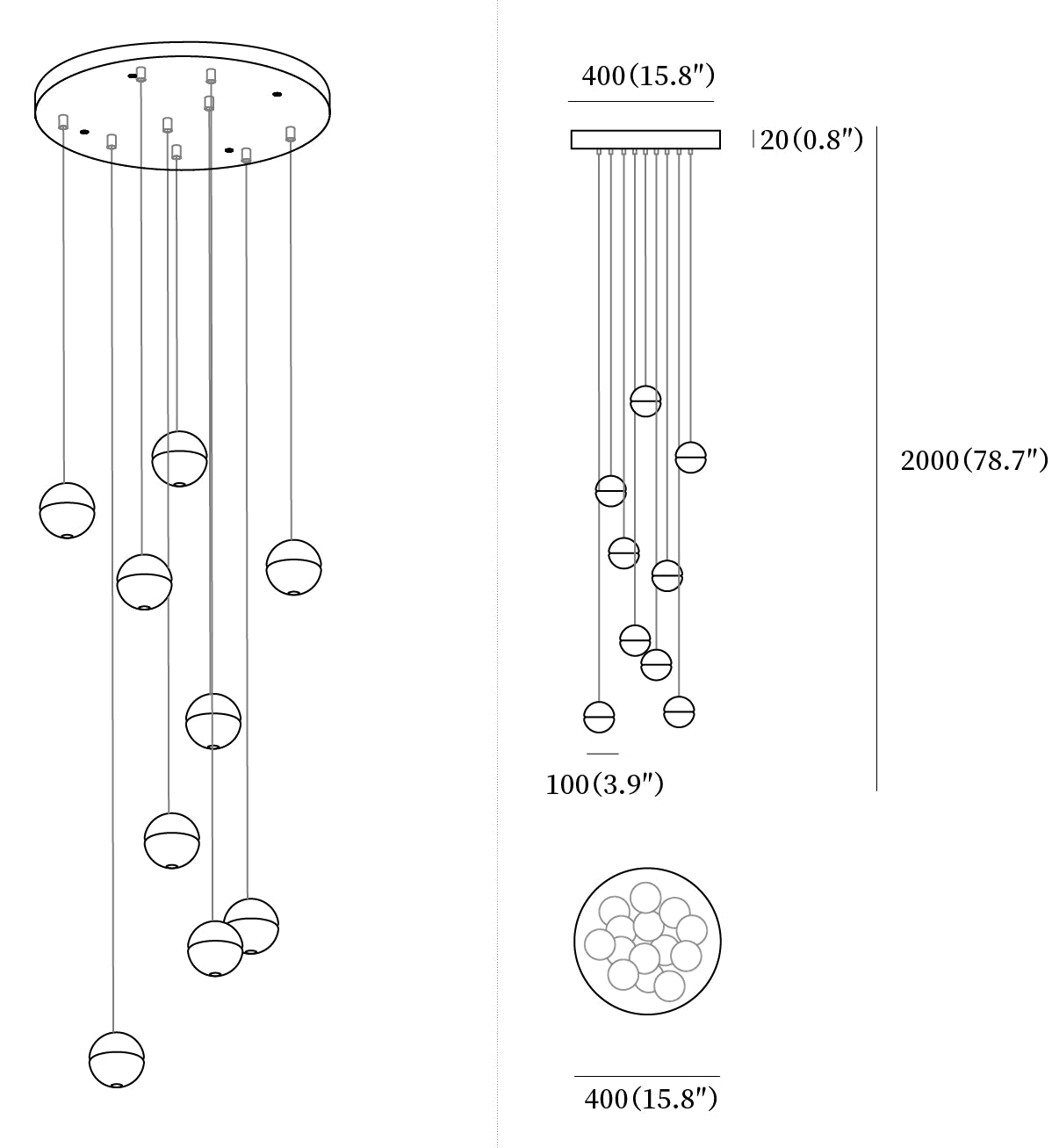 Clérachic pendant light dimension drawing, 6 of 10, every measurement marked in millimetres and inches.