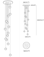 Clérachic pendant light dimension drawing, 7 of 10, every measurement marked in millimetres and inches.
