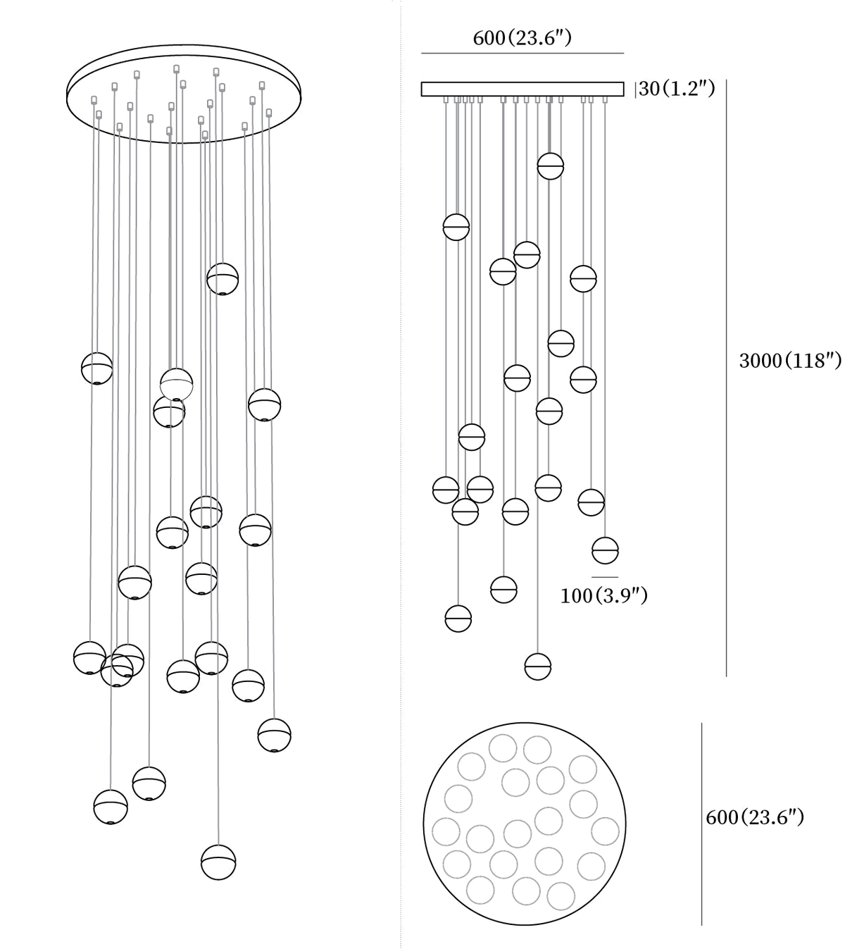 Clérachic pendant light dimension drawing, 8 of 10, every measurement marked in millimetres and inches.